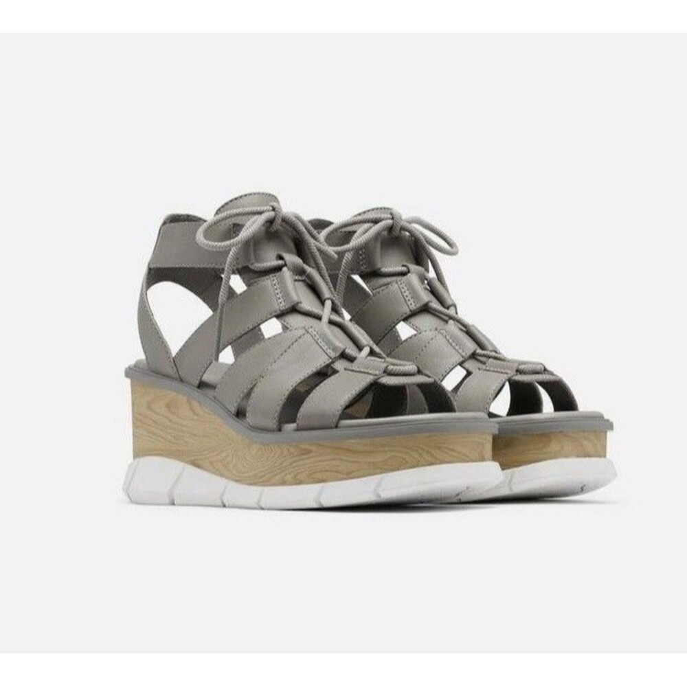 NEW Sorel Womens Size 9.5 Gray Leather Joanie III Lace Up Wedge Sandals $150